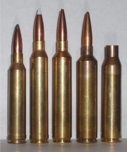 Some of the better known heavy hitters in the 7mm family. Left to Right: 7mm Rem Mag, 7mm S.T.W., 7mm RUM, 7mm Allen Magnum and 338 Lapua Magnum case which is used as the parent case for the 7mm Allen Magnum. Originally designed to drive the 200 gr. ULD RBBT Wildcat Bullet to 3300 fps, the 7mm A.M. far exceeds the performance of all other 7mm magnums on the market today.